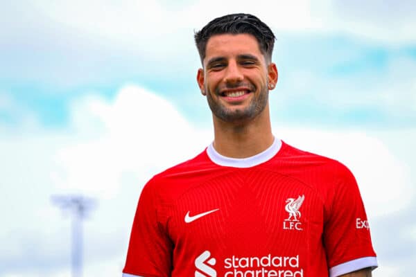 Dominik Szoboszlai new signing for Liverpool at AXA Training Centre on July 02, 2023 in Kirkby, England. (Photo by Andrew Powell/Liverpool FC via Getty Images)