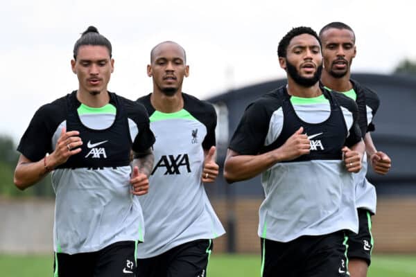 KIRKBY, ENGLAND - JULY 08: (THE SUN OUT, THE SUN ON SUNDAY OUT) Joe Gomez, Fabinho, Joel Matip and Darwin Nunez of Liverpool during the first day back for pre-season at AXA Training Centre on July 08, 2023 in Kirkby, England. (Photo by Andrew Powell/Liverpool FC via Getty Images)