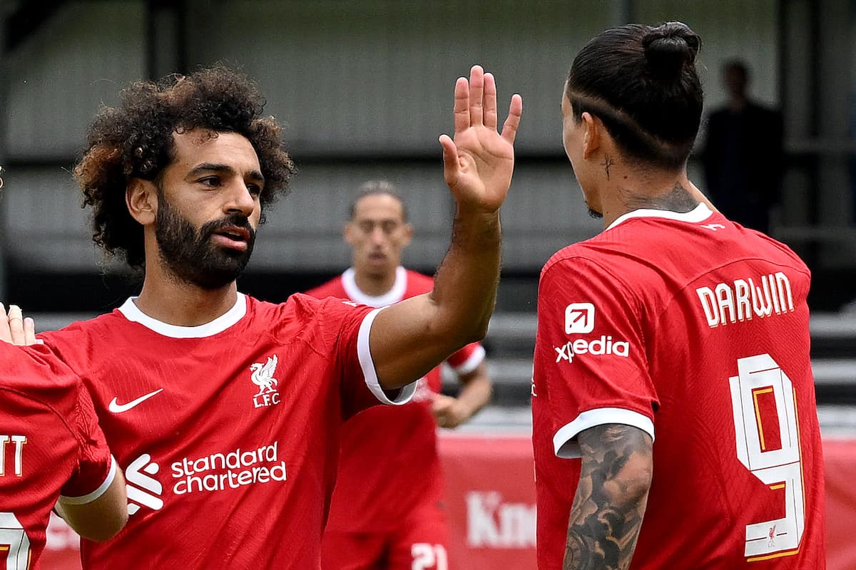 Darwin Nunez (9) of Liverpool celebrates scoring Liverpool's second goal with Mohamed Salah during the pre-season friendly match between SpVgg Greuther Fürth and Liverpool at on July 24, 2023 in Fuerth, Germany. (Photo by Nick Taylor/Liverpool FC/Liverpool FC via Getty Images)