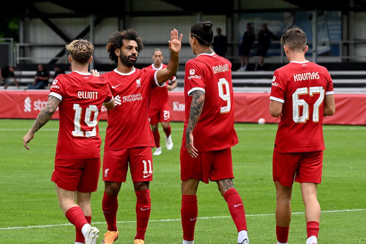 Darwin Nunez (9) of Liverpool celebrates scoring Liverpool's second goal with Mohamed Salah during the pre-season friendly match between SpVgg Greuther Fürth and Liverpool at on July 24, 2023 in Fuerth, Germany. (Photo by Nick Taylor/Liverpool FC/Liverpool FC via Getty Images)