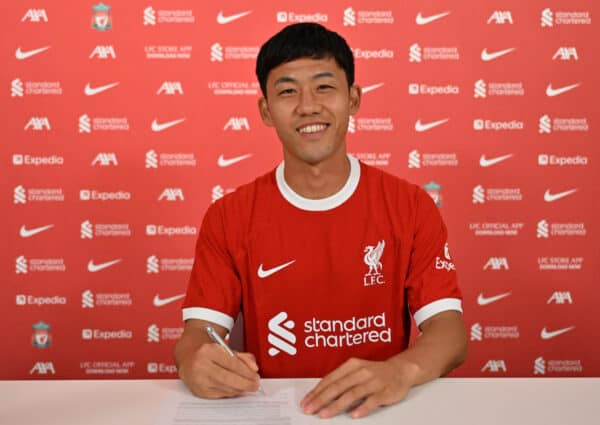 Wataru Endo new signing of Liverpool at AXA Training Centre on August 18, 2023 in Kirkby, England. (Photo by Andrew Powell/Liverpool FC via Getty Images)