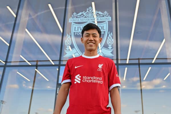 Wataru Endo new signing of Liverpool at AXA Training Centre on August 18, 2023 in Kirkby, England. (Photo by Andrew Powell/Liverpool FC via Getty Images)