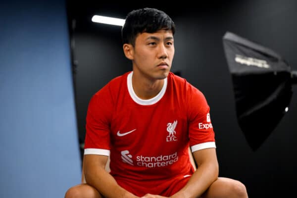 Wataru Endo new signing of Liverpool at AXA Training Centre on August 18, 2023 in Kirkby, England. (Photo by Andrew Powell/Liverpool FC via Getty Images)