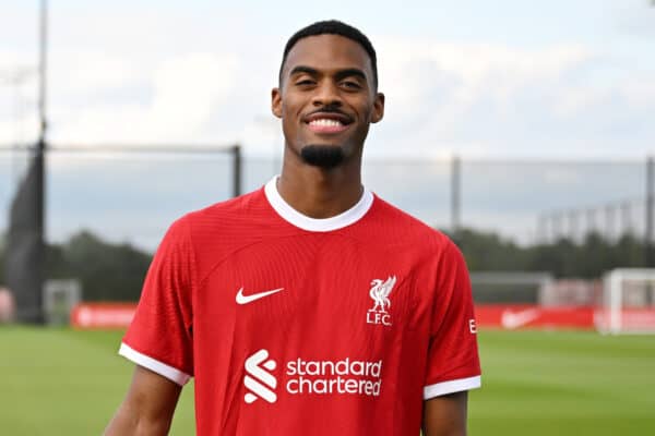 Ryan Gravenberch new signing of Liverpool at AXA Training Centre on September 01, 2023 in Kirkby, England. (Photo by Andrew Powell/Liverpool FC via Getty Images)