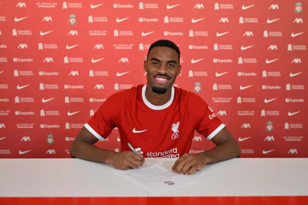 Ryan Gravenberch signing for Liverpool at AXA Training Centre on September 01, 2023 in Kirkby, England. (Photo by Andrew Powell/Liverpool FC via Getty Images)