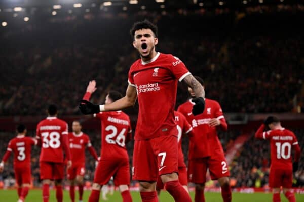 Luis Diaz of Liverpool celebrates after scoring the third goal during the Premier League match between Liverpool FC and Luton Town at Anfield on February 21, 2024 in Liverpool, England. (Photo by Andrew Powell/Liverpool FC via Getty Images)