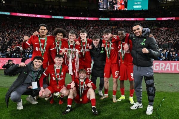 The young lads at the end of the Carabao Cup Final match between Chelsea and Liverpool at Wembley Stadium on February 25, 2024 in London, England. (Photo by John Powell/Liverpool FC via Getty Images)