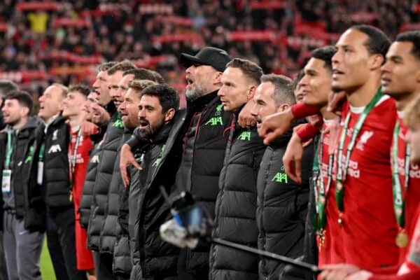 Jurgen Klopp manager of Liverpool singing the Liverpool anthem at the end of the Carabao Cup Final between Chelsea and Liverpool at Wembley Stadium on February 25, 2024 in London, England. (Photo by Andrew Powell/Liverpool FC via Getty Images)