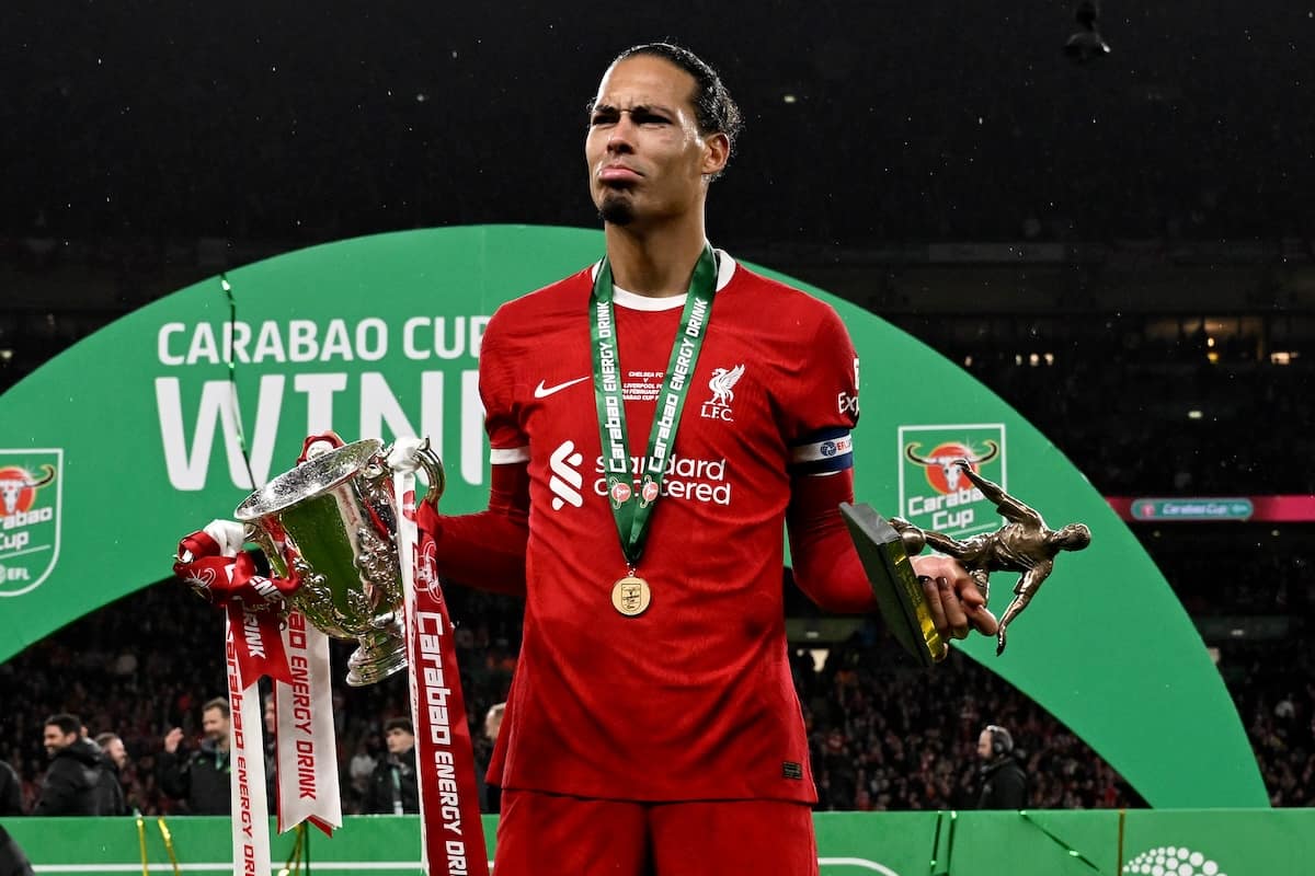 Virgil van Dijk captain of Liverpool with the Carabao Cup trophy and the player of the match trophy the Carabao Cup Final between Chelsea and Liverpool at Wembley Stadium on February 25, 2024 in London, England. (Photo by Andrew Powell/Liverpool FC via Getty Images)