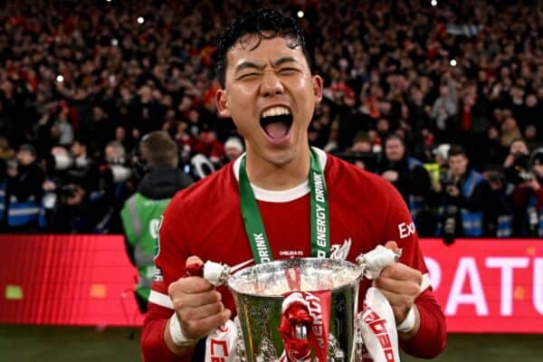 Wataru Endo of Liverpool with the Carabao Cup trophy at the end of the Carabao Cup Final between Chelsea and Liverpool at Wembley Stadium on February 25, 2024 in London, England. (Photo by Andrew Powell/Liverpool FC via Getty Images)