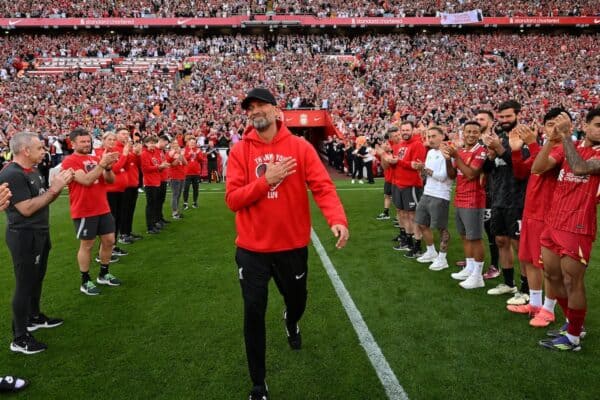 Jurgen Klopp manager of Liverpool walks his "Guard of Honour" at the end the Premier League match between Liverpool FC and Wolverhampton Wanderers at Anfield on May 19, 2024 in Liverpool, England. (Photo by John Powell/Liverpool FC via Getty Images)