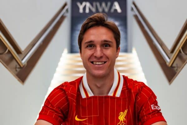 KIRKBY, ENGLAND - AUGUST 28: (THE SUN OUT, THE SUN ON SUNDAY OUT) Federico Chiesa new signing of Liverpool at AXA Training Centre on August 28, 2024 in Kirkby, England. (Photo by Nikki Dyer - LFC/Liverpool FC via Getty Images)