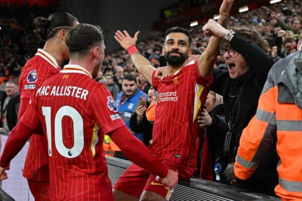 Mohamed Salah of Liverpool celebrating after scoring the second goal during the Premier League match between Liverpool FC and Manchester City FC at Anfield on December 01, 2024 in Liverpool, England. (Photo by John Powell/Liverpool FC via Getty Images)