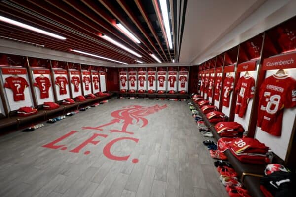 A general view inside of the Liverpool dressing room ahead of the UEFA Champions League 2024/25 League Phase MD7 match between Liverpool FC and LOSC Lille at Anfield on January 21, 2025 in Liverpool, England. (Photo by Liverpool FC/Liverpool FC via Getty Images)