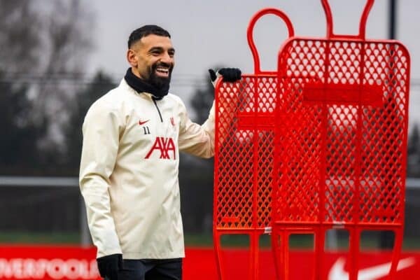Mohamed Salah of Liverpool during a training session at AXA Training Centre on February 11, 2025 in Kirkby, England. (Photo by Nikki Dyer - LFC/Liverpool FC via Getty Images)