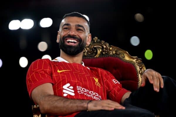 Mohamed Salah of Liverpool signs a new contract extension at Anfield on April 11, 2025 in Liverpool, England. (Photo by Andrew Powell/Liverpool FC via Getty Images)