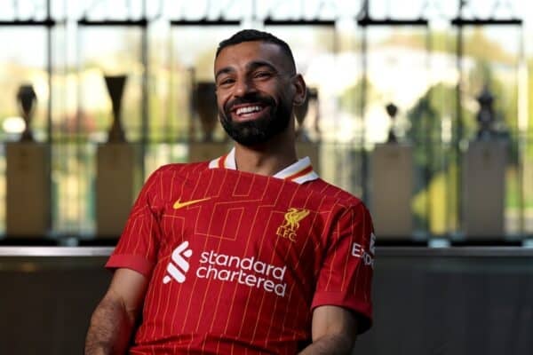 Mohamed Salah of Liverpool signs a new contract extension at Anfield on April 11, 2025 in Liverpool, England. (Photo by Andrew Powell/Liverpool FC via Getty Images)