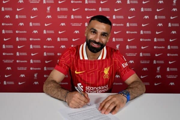 Mohamed Salah of Liverpool signs a new contract extension at Anfield on April 11, 2025 in Liverpool, England. (Photo by Andrew Powell/Liverpool FC via Getty Images)