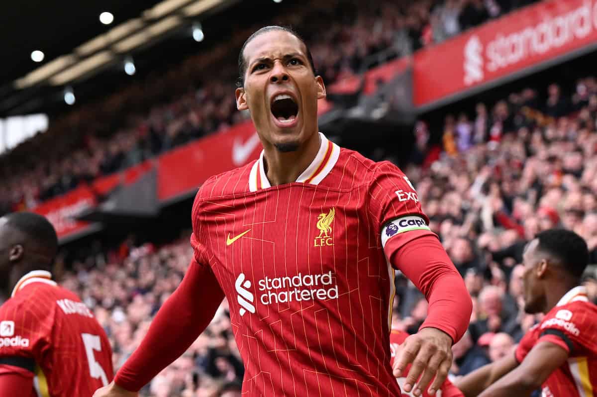 Virgil van Dijk of Liverpool celebrates scoring his team's second goal during the Premier League match between Liverpool FC and West Ham United FC at Anfield on April 13, 2025 in Liverpool, England. (Photo by Liverpool FC/Liverpool FC via Getty Images)