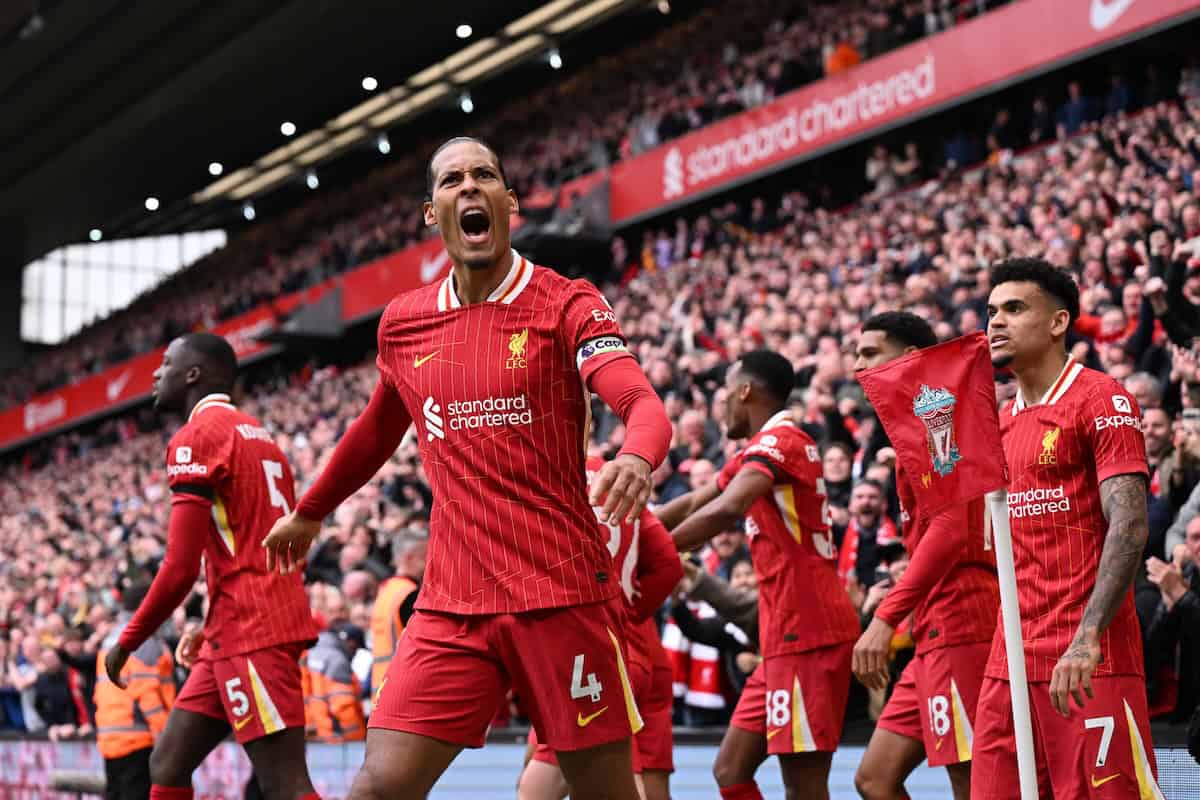 Virgil van Dijk of Liverpool celebrates scoring his team's second goal during the Premier League match between Liverpool FC and West Ham United FC at Anfield on April 13, 2025 in Liverpool, England. (Photo by Liverpool FC/Liverpool FC via Getty Images)