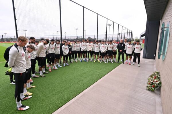 Liverpool FC of the Liverpool first team and coaches holding a minutes silence to commemorate the 36th anniversary of the Hillsborough disaster on April 15, 2025 in Liverpool, England. (Photo by Liverpool FC - Handout/Liverpool FC via Getty Images)