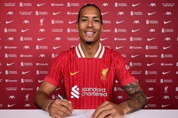 Virgil van Dijk captain of Liverpool signs a new contract extension at Axa training centre on April 17, 2025 in Liverpool, England. (Photo by Andrew Powell/Liverpool FC via Getty Images)
