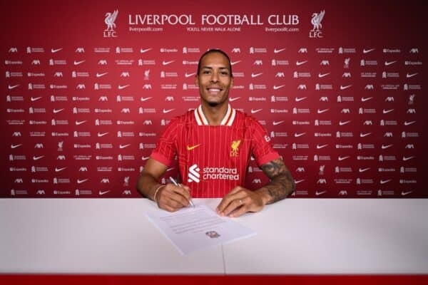 Virgil van Dijk captain of Liverpool signs a new contract extension at Axa training centre on April 17, 2025 in Liverpool, England. (Photo by Andrew Powell/Liverpool FC via Getty Images)