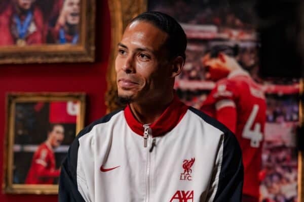 Virgil van Dijk, captain of Liverpool signs a new contract extension at Anfield, on April 17, 2025 in Liverpool, England. (Photo by Nikki Dyer - LFC/Liverpool FC via Getty Images)