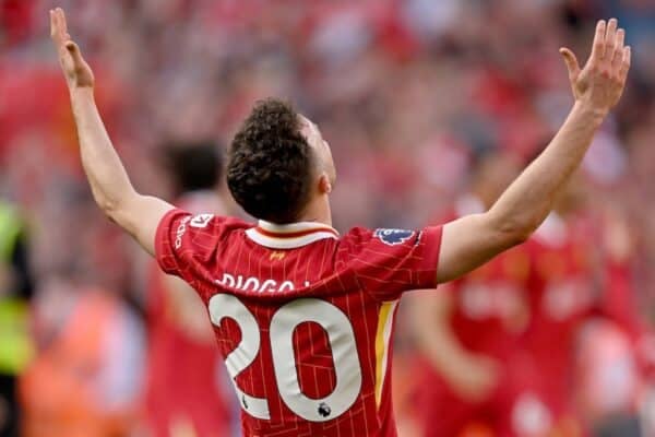 Diogo Jota of Liverpool after being named Champions of the Premier League at the end of the Premier League match between Liverpool FC and Tottenham Hotspur FC at Anfield on April 27, 2025 in Liverpool, England. (Photo by Andrew Powell/Liverpool FC via Getty Images)