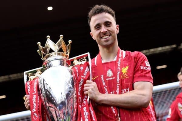 Diogo Jota of Liverpool poses for a photograph with the Premier League trophy, as Liverpool are crowned the Champions of the Premier League, following the Premier League match between Liverpool FC and Crystal Palace FC at Anfield on May 25, 2025 in Liverpool, England. (Photo by Liverpool FC/Liverpool FC via Getty Images)