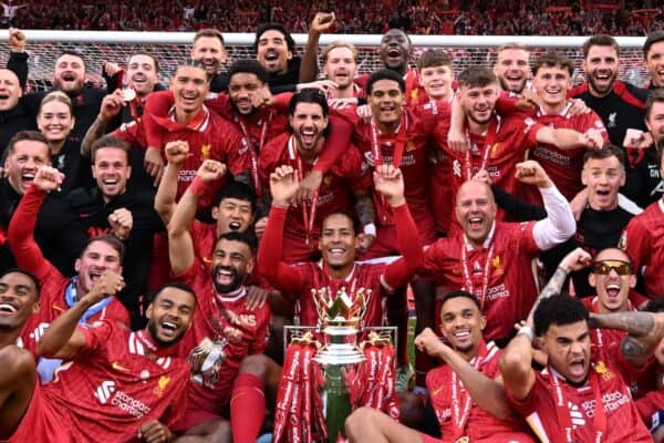 LIVERPOOL, ENGLAND - MAY 25: (THE SUN OUT. THE SUN ON SUNDAY OUT) players of Liverpool  pose for a photograph with the Premier League trophy, as Liverpool are crowned the Champions of the Premier League for the 2024/25 Season, following the Premier League match between Liverpool FC and Crystal Palace FC at Anfield on May 25, 2025 in Liverpool, England. (Photo by Liverpool FC/Liverpool FC via Getty Images)