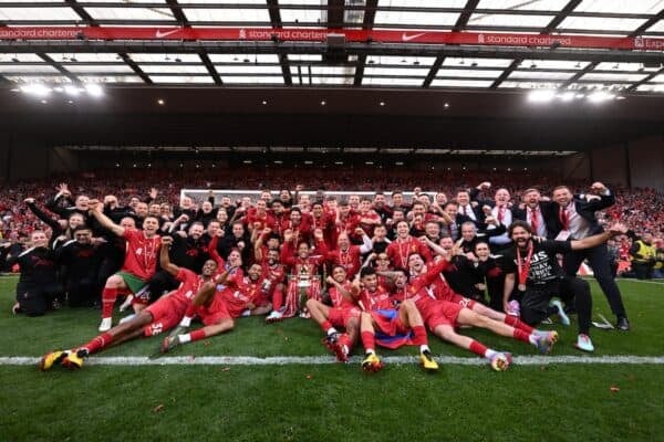 LIVERPOOL, ENGLAND - MAY 25: (THE SUN OUT. THE SUN ON SUNDAY OUT) players of Liverpool  pose for a photograph with the Premier League trophy, as Liverpool are crowned the Champions of the Premier League for the 2024/25 Season, following the Premier League match between Liverpool FC and Crystal Palace FC at Anfield on May 25, 2025 in Liverpool, England. (Photo by Liverpool FC/Liverpool FC via Getty Images)