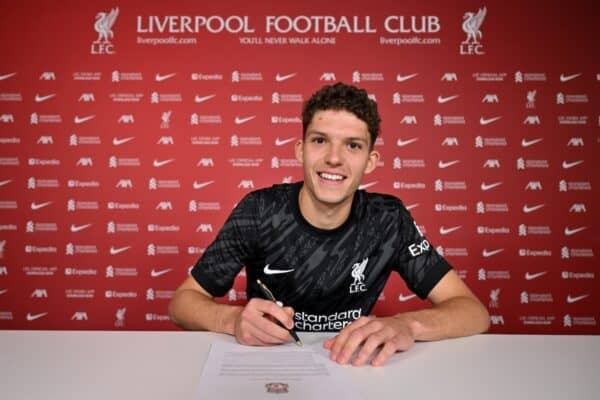 Liverpool unveil new signing Armin Pecsi at AXA Training Centre on June 06, 2025 in Kirkby, England. (Photo by Andrew Powell/Liverpool FC via Getty Images)