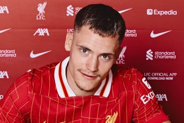 Florian Wirtz is unveiled as a Liverpool player after his signing at AXA Training Centre on June 20, 2025 in Kirkby, England. (Photo by Liverpool FC/Liverpool FC via Getty Images)