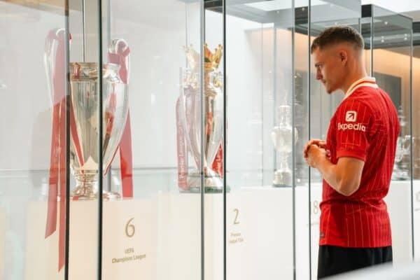 Florian Wirtz is unveiled as a Liverpool player after his signing at AXA Training Centre on June 20, 2025 in Kirkby, England. (Photo by Liverpool FC/Liverpool FC via Getty Images)