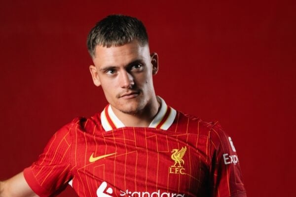 Florian Wirtz is unveiled as a Liverpool player after his signing at AXA Training Centre on June 20, 2025 in Kirkby, England. (Photo by Liverpool FC/Liverpool FC via Getty Images)