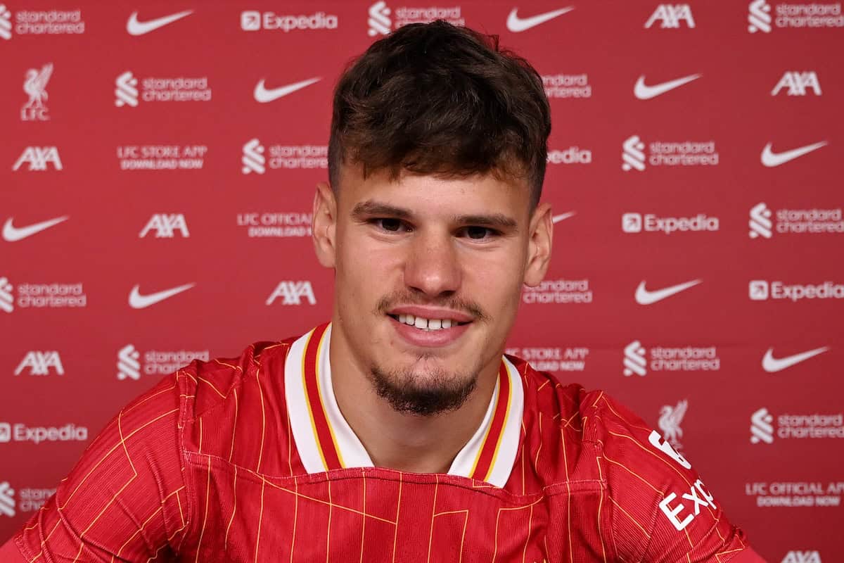 Milos Kerkez new signing for Liverpool FC at AXA Training Centre on June 26, 2025 in Kirkby, England. (Photo by Andrew Powell/Liverpool FC via Getty Images)