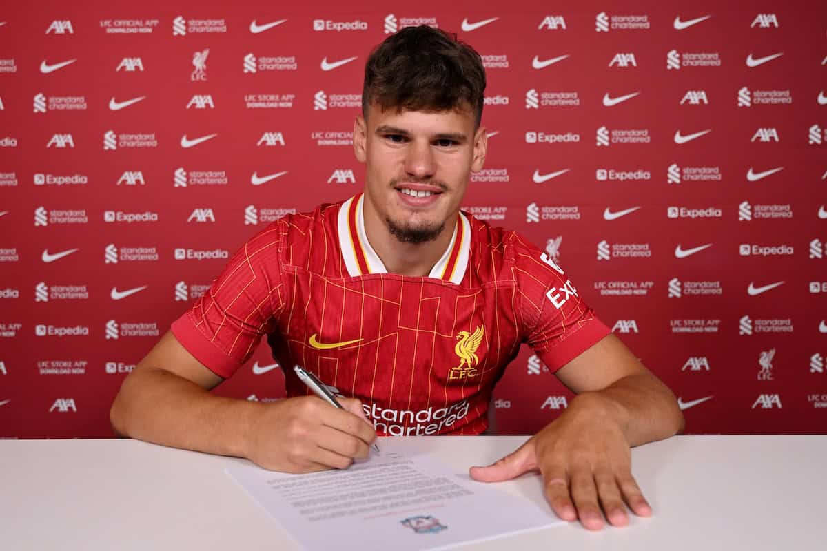 Milos Kerkez new signing for Liverpool FC at AXA Training Centre on June 26, 2025 in Kirkby, England. (Photo by Andrew Powell/Liverpool FC via Getty Images)