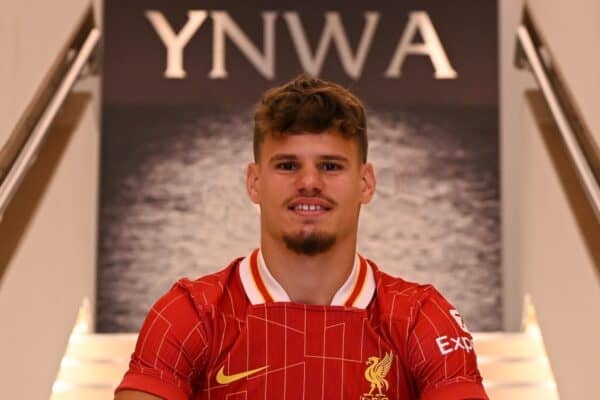 Milos Kerkez new signing for Liverpool FC at AXA Training Centre on June 26, 2025 in Kirkby, England. (Photo by Andrew Powell/Liverpool FC via Getty Images)