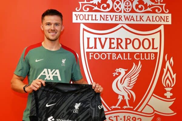 Freddie Woodman is unveiled as a Liverpool player after he signs for Liverpool Football Club on June 27, 2025 in London, England. (Photo by Nick Taylor/Liverpool FC/Liverpool FC via Getty Images)