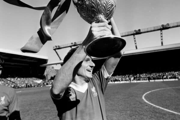 03.05.1980 LFC captain Phil Thompson holds the League Division 1 trophy as LFC are crowned champions following a 4-1 win over Aston Villa at Anfield.