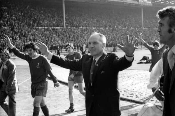 WEMBLEY. UK. 08.05.1971 Liverpool Fc are defeated, but manager Bill Shankly is having none of that. Helooks defiant, and knows that his second team is now maturing into a powerful force... (Getty Images)