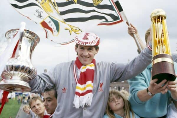 LIVERPOOL.UK. 11.05.1986. LFC are 'double' winners- F A Cup and Canon League Div 1 Champions. Player manager Kenny Dalglish holds thetrophies aloft as the open-top bus makes its triumphant parade through Liverpool.