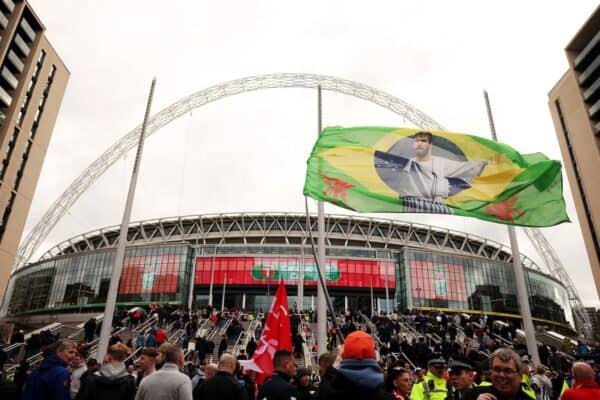 LONDON, ENGLAND - Sunday, March 16, 2025: A flag of Liverpool’s goalkeeper Alisson Becker before the Football League Cup Final match between Liverpool FC and Newcastle United FC at Wembley Stadium. (Photo by Harry Murphy/Propaganda)