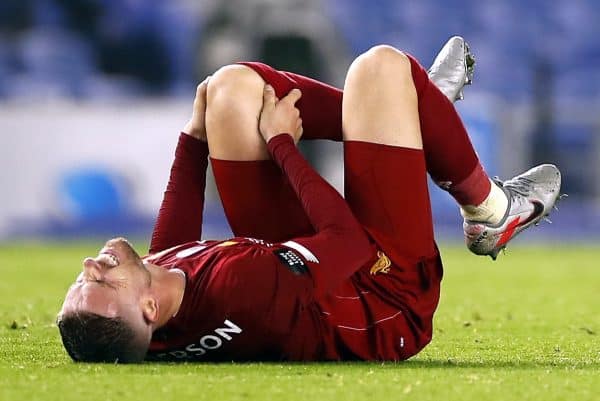 Liverpool's Jordan Henderson reacts after picking up an injury before going off during the Premier League match at the AMEX Stadium, Brighton. PA Photo. Issue date: Wednesday July 8, 2020. See PA story SOCCER Brighton. Photo credit should read: Paul Childs/NMC Pool/PA Wire. RESTRICTIONS: EDITORIAL USE ONLY No use with unauthorised audio, video, data, fixture lists, club/league logos or "live" services. Online in-match use limited to 120 images, no video emulation. No use in betting, games or single club/league/player publications.