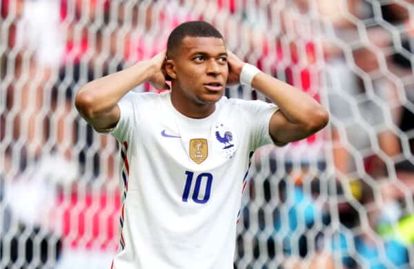 BUDAPEST, HUNGARY - JUNE 19: Kylian Mbappe of France reacts after missing a chance during the UEFA Euro 2020 Championship Group F match between Hungary and France at Puskas Arena on June 19, 2021 in Budapest, Hungary. (Photo by Angel Martinez - UEFA)