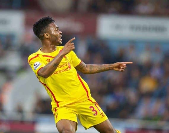 LONDON, ENGLAND - Saturday, September 20, 2014: Liverpool's Raheem Sterling celebrates scoring the first goal against West Ham United during the Premier League match at Upton Park. (Pic by David Rawcliffe/Propaganda)