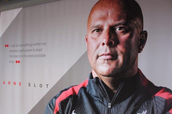 Anfield Stadium tour. August 10, 2024. Arne Slot banner.