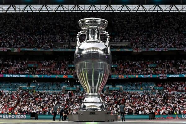 LONDON, ENGLAND - JULY 11: A general view inside the stadium as a large replica of The Henri Delaunay Trophy is seen inside the stadium prior to the UEFA Euro 2020 Championship Final between Italy and England at Wembley Stadium on July 11, 2021 in London, England. (Photo by Michael Regan - UEFA)