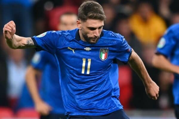 LONDON, ENGLAND - JULY 06: Domenico Berardi of Italy shoots whilst under pressure from Thiago Alcantara of Spain during the UEFA Euro 2020 Championship Semi-final match between Italy and Spain at Wembley Stadium on July 06, 2021 in London, England. (Photo by Shaun Botterill - UEFA)